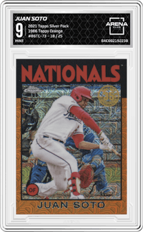 Juan Soto from the 2021 Topps Silver Pack set featuring a Orange parallel graded by Arena Club and given an overall grade of 9.