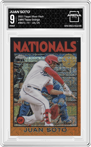Juan Soto from the 2021 Topps Silver Pack set featuring a Orange parallel graded by Arena Club and given an overall grade of 9.