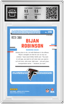 Bijan Robinson from the 2023 Donruss Optic set featuring a Wave parallel graded by Arena Club and given an overall grade of 10.