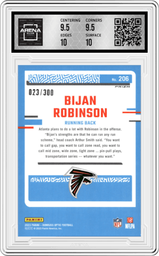 Bijan Robinson from the 2023 Donruss Optic set featuring a Wave parallel graded by Arena Club and given an overall grade of 10.