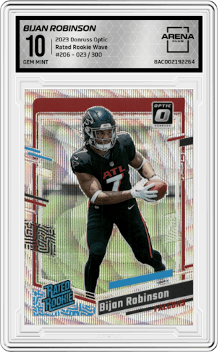 Bijan Robinson from the 2023 Donruss Optic set featuring a Wave parallel graded by Arena Club and given an overall grade of 10.