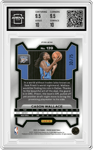 Cason Wallace from the 2023-24 Panini Prizm set featuring a  Red Power Prizm parallel graded by Arena Club and given an overall grade of 10.