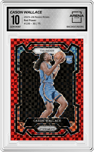 Cason Wallace from the 2023-24 Panini Prizm set featuring a  Red Power Prizm parallel graded by Arena Club and given an overall grade of 10.