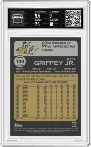 Ken Griffey Jr. from the 2021 Topps Archives set featuring a Red parallel graded by Arena Club and given an overall grade of 8.