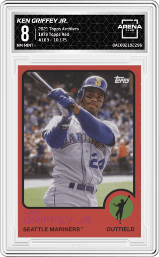 Ken Griffey Jr. from the 2021 Topps Archives set featuring a Red parallel graded by Arena Club and given an overall grade of 8.