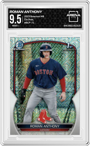 Roman Anthony from the 2023 Bowman Mega Box set graded by Arena Club and given an overall grade of 9.5.