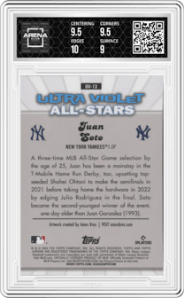 Juan Soto from the 2024 Topps Chrome set graded by Arena Club and given an overall grade of 9.5.