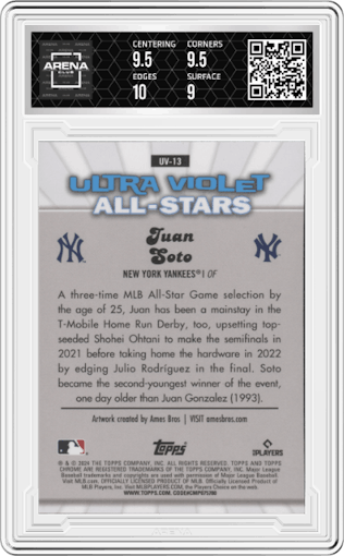 Juan Soto from the 2024 Topps Chrome set graded by Arena Club and given an overall grade of 9.5.