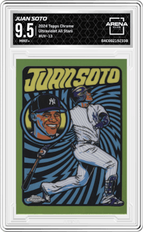 Juan Soto from the 2024 Topps Chrome set graded by Arena Club and given an overall grade of 9.5.