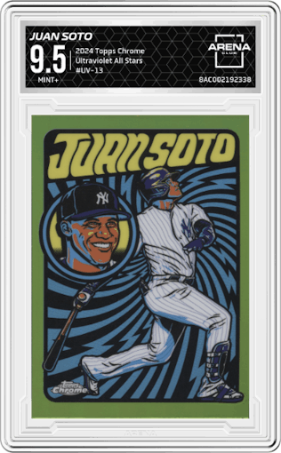 Juan Soto from the 2024 Topps Chrome set graded by Arena Club and given an overall grade of 9.5.