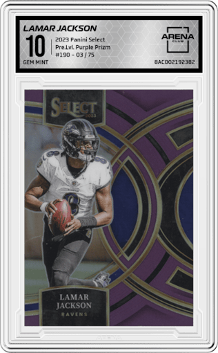 Lamar Jackson from the 2023 Panini Select set featuring a Purple Prizm parallel graded by Arena Club and given an overall grade of 10.