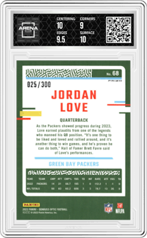 Jordan Love from the 2023 Donruss Optic set featuring a Wave  parallel graded by Arena Club and given an overall grade of 9.5.