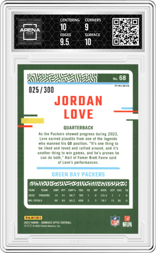 Jordan Love from the 2023 Donruss Optic set featuring a Wave  parallel graded by Arena Club and given an overall grade of 9.5.