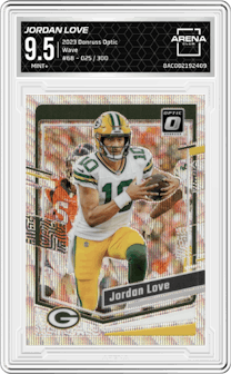 Jordan Love from the 2023 Donruss Optic set featuring a Wave  parallel graded by Arena Club and given an overall grade of 9.5.
