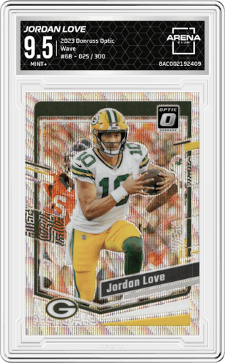 Jordan Love from the 2023 Donruss Optic set featuring a Wave  parallel graded by Arena Club and given an overall grade of 9.5.