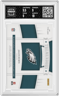 Jalen Hurts from the 2020 Panini National Treasures set graded by Arena Club and given an overall grade of 9.