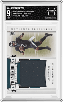 Jalen Hurts from the 2020 Panini National Treasures set graded by Arena Club and given an overall grade of 9.