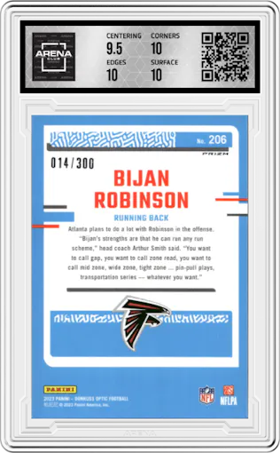 Bijan Robinson from the 2023 Donruss Optic set featuring a Wave parallel graded by Arena Club and given an overall grade of 10.