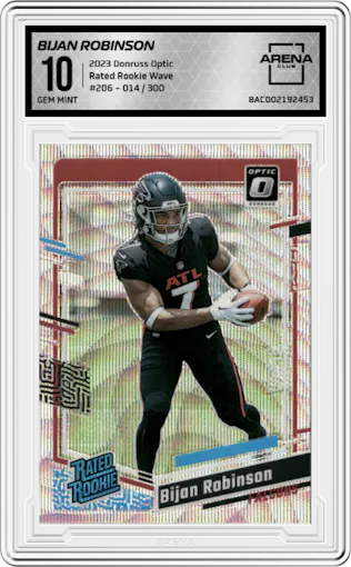 Bijan Robinson from the 2023 Donruss Optic set featuring a Wave parallel graded by Arena Club and given an overall grade of 10.