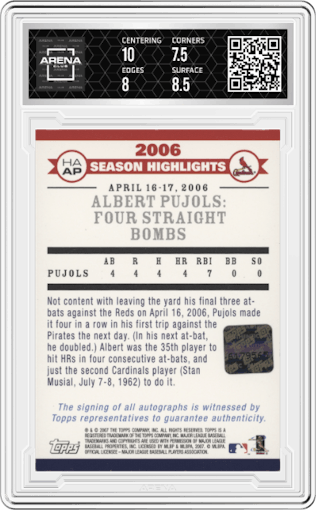 Albert Pujols from the 2007 Topps set graded by Arena Club and given an overall grade of 8.