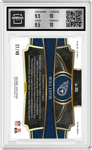Will Levis from the 2023 Panini Select set featuring a Blue Prizm parallel graded by Arena Club and given an overall grade of 10.