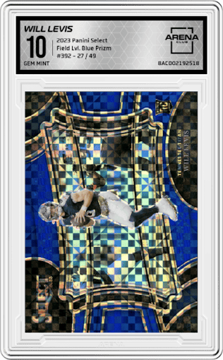 Will Levis from the 2023 Panini Select set featuring a Blue Prizm parallel graded by Arena Club and given an overall grade of 10.