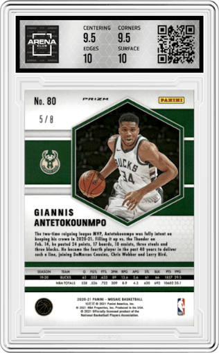Giannis Antetokounmpo from the 2020-21 Panini Mosaic set featuring a Choice Black Gold parallel graded by Arena Club and given an overall grade of 10.