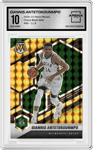 Giannis Antetokounmpo from the 2020-21 Panini Mosaic set featuring a Choice Black Gold parallel graded by Arena Club and given an overall grade of 10.