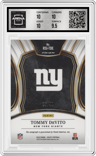 Tommy DeVito from the 2023 Panini Select set featuring a Blue Prizm parallel graded by Arena Club and given an overall grade of 10.