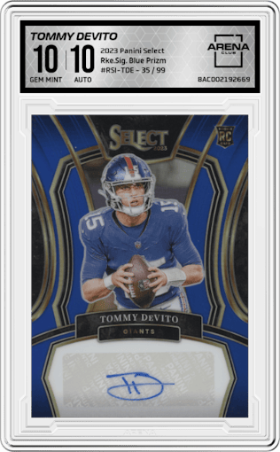 Tommy DeVito from the 2023 Panini Select set featuring a Blue Prizm parallel graded by Arena Club and given an overall grade of 10.