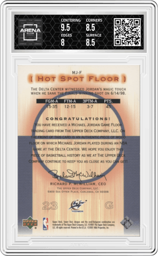 Michael Jordan from the 2001-02 Upper Deck Sweet Shot set graded by Arena Club and given an overall grade of 8.5.