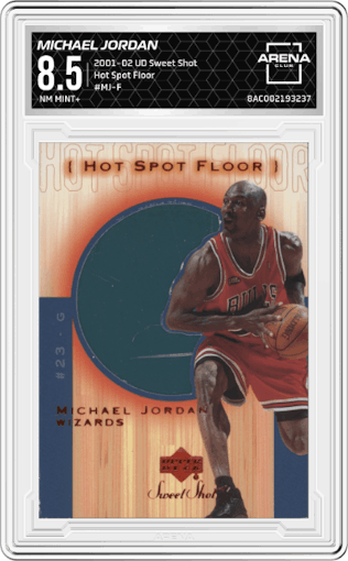Michael Jordan from the 2001-02 Upper Deck Sweet Shot set graded by Arena Club and given an overall grade of 8.5.