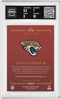 Travis Etienne Jr. from the 2021 Panini Impeccable  set graded by Arena Club and given an overall grade of 7.5.