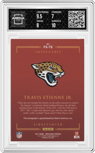 Travis Etienne Jr. from the 2021 Panini Impeccable  set graded by Arena Club and given an overall grade of 7.5.