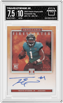 Travis Etienne Jr. from the 2021 Panini Impeccable  set graded by Arena Club and given an overall grade of 7.5.