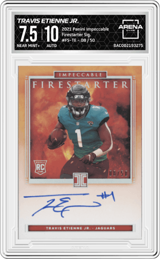 Travis Etienne Jr. from the 2021 Panini Impeccable  set graded by Arena Club and given an overall grade of 7.5.