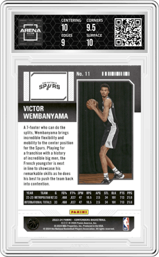 Victor Wembanyama  from the 2023-24 Panini Contenders set graded by Arena Club and given an overall grade of 9.5.