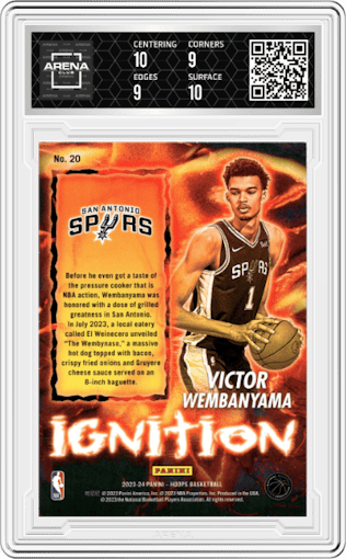 Victor Wembanyama from the 2023-24 Panini NBA Hoops set graded by Arena Club and given an overall grade of 9.5.