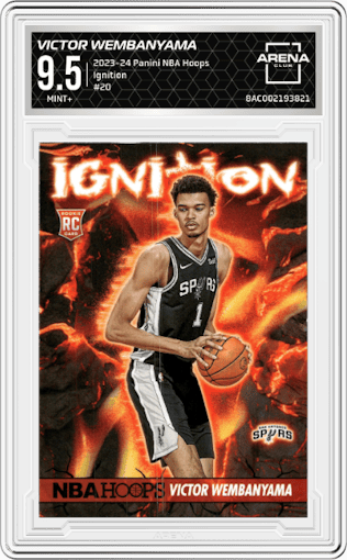 Victor Wembanyama from the 2023-24 Panini NBA Hoops set graded by Arena Club and given an overall grade of 9.5.