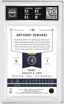 Anthony Edwards from the 2020-21 Panini Chronicles set graded by Arena Club and given an overall grade of 9.