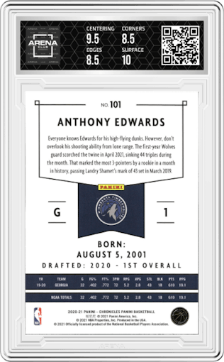 Anthony Edwards from the 2020-21 Panini Chronicles set graded by Arena Club and given an overall grade of 9.