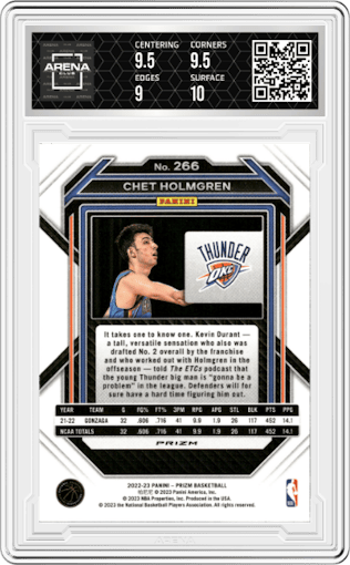 Chet Holmgren from the 2022-23 Panini Prizm  set featuring a Hyper parallel graded by Arena Club and given an overall grade of 9.5.