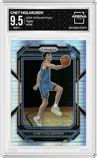 Chet Holmgren from the 2022-23 Panini Prizm  set featuring a Hyper parallel graded by Arena Club and given an overall grade of 9.5.