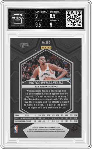Victor Wembanyama from the 2023-24 Panini Mosaic set graded by Arena Club and given an overall grade of 9.