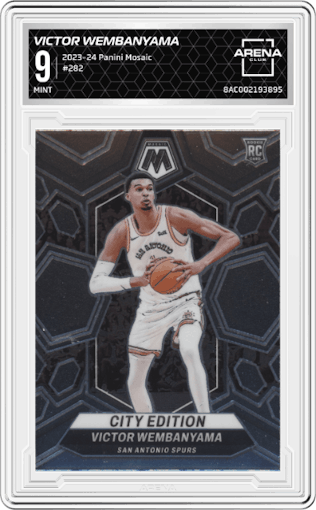 Victor Wembanyama from the 2023-24 Panini Mosaic set graded by Arena Club and given an overall grade of 9.