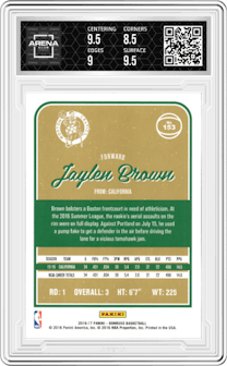 Jaylen Brown from the 2016-17 Panini Donruss  set graded by Arena Club and given an overall grade of 9.