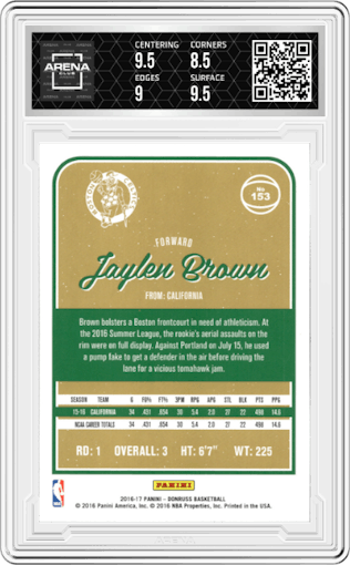 Jaylen Brown from the 2016-17 Panini Donruss  set graded by Arena Club and given an overall grade of 9.