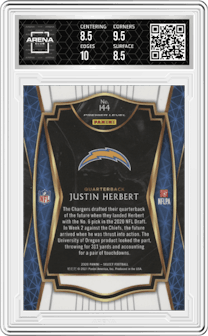 Justin Herbert from the 2020 Panini Select set graded by Arena Club and given an overall grade of 9.