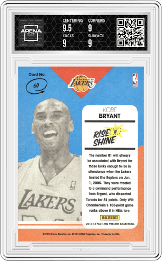 Kobe Bryant from the 2012-13 Panini Past & Present set graded by Arena Club and given an overall grade of 9.