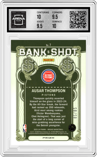 Ausar Thompson from the 2023-24 Panini Mosaic set featuring a Fast Break Blue parallel graded by Arena Club and given an overall grade of 10.